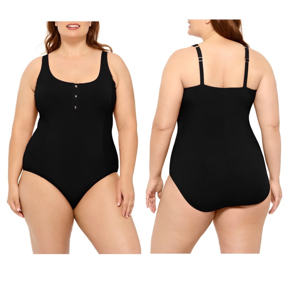 NWT Christina Blue Women's Black Ribbed One Piece with Gold Faux Buttons, 22W